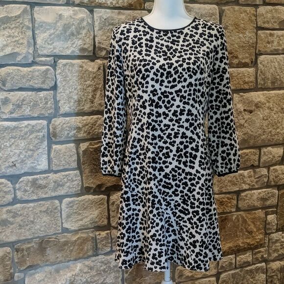 LOFT Dress Size 6 Ivory White Black Animal Print Mid Sleeve Flowy - Picture 1 of 7
